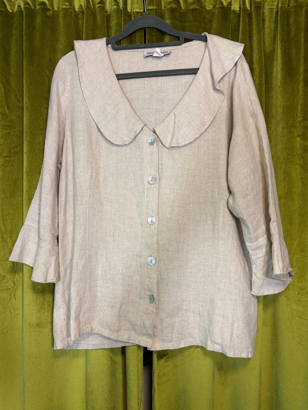 Match Point 100% Linen Collared Beige Button Down Blouse w/ flare sleeves Size M